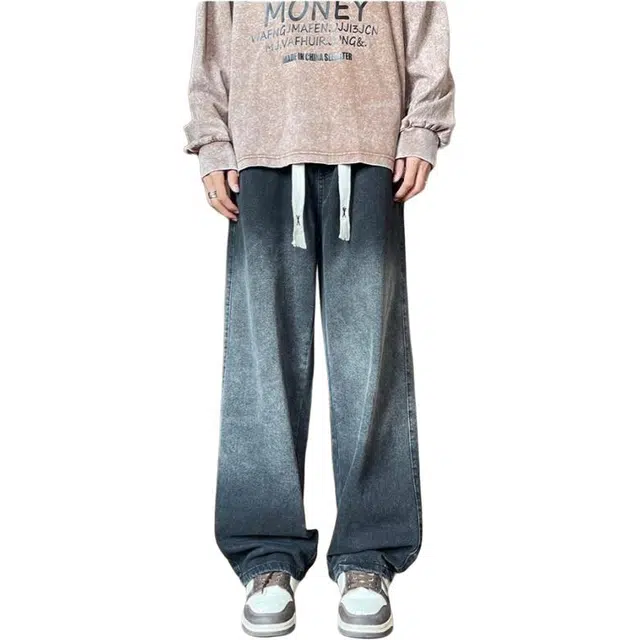 宝米卡 港风渐变色街头宽松直筒休闲潮流牛仔裤 男女同款