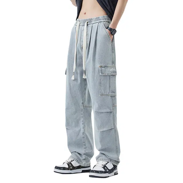 协协乐 薄款牛仔宽松阔腿美式潮牌休闲工装裤 男款