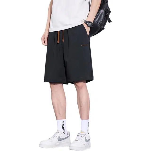 协协乐 高街刺绣冰丝凉感透气薄款美式潮牌针织宽松直筒运动五分休闲短裤 男款