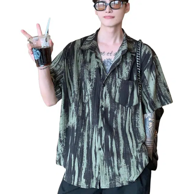 沐诚阳译 小众复古泼墨设计感宽松痞帅高级短袖衬衫 男款