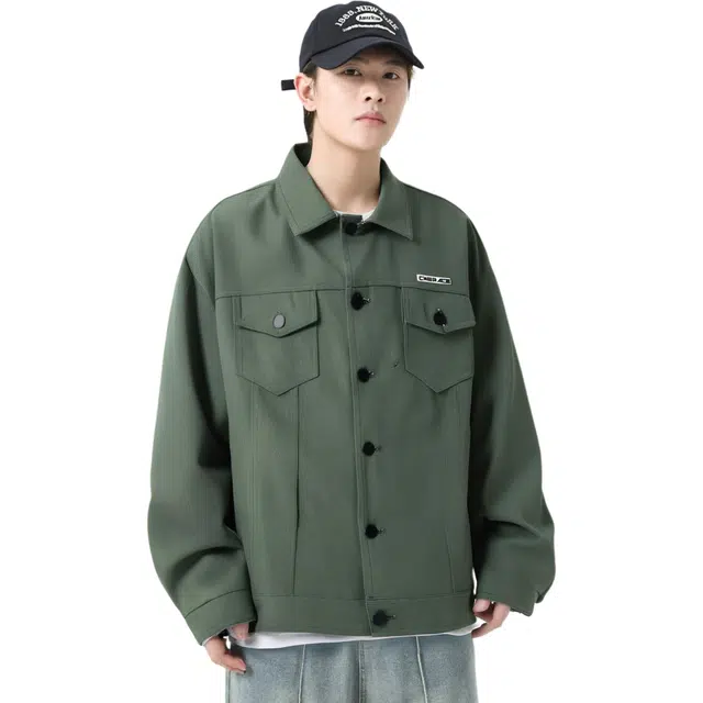 中国航天 美式高街简约纯色时尚高级感痞帅工装口袋设计百搭宽松休闲翻领落肩舒适潮流牛仔夹克外套 男女同款