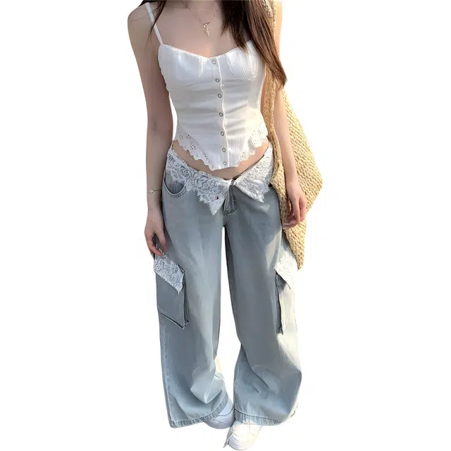 敲模女孩 甜酷风辣妹设计感蕾丝拼接吊带上衣高腰牛仔宽松阔腿直筒慵懒长裤休闲套装 女款