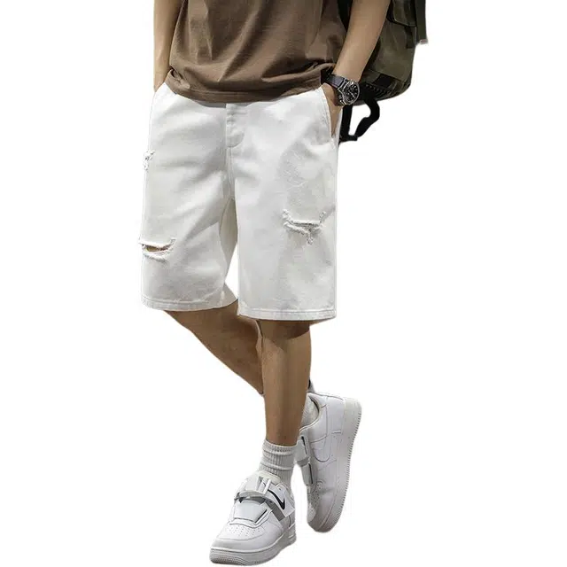 前进牛 纯棉破洞宽松直筒五分裤痞帅潮流休闲中裤牛仔短裤 男女同款