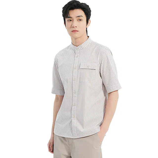 利郎 商务休闲立领条纹棉混纺时尚都市潮流简约百搭夏季短袖衬衫 男款