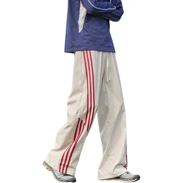 加荣 美式条纹冰丝速干小众设计轻薄透气潮牌百搭宽松直筒阔腿休闲裤 男女同款