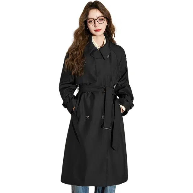 法文箱子 纯色双排扣中长款百搭长袖风衣 女款