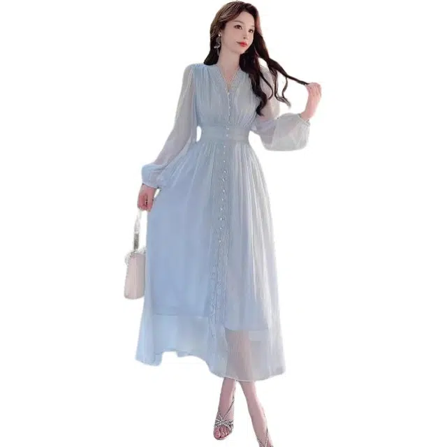 水中花 法式舒适时尚修身拼接蕾丝开衩长袖连衣裙 女款