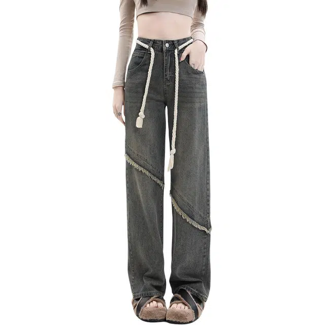 玫丝朵 拉链高腰阔脚休闲舒适牛仔裤 女款 做旧黄