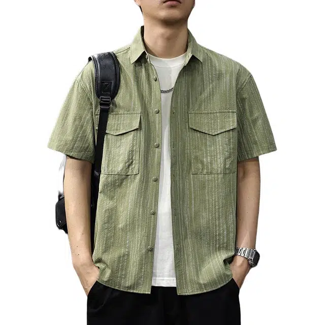 前进牛 夏季肌理感暗纹提花宽松速干户外休闲五分袖短袖衬衫 男女同款