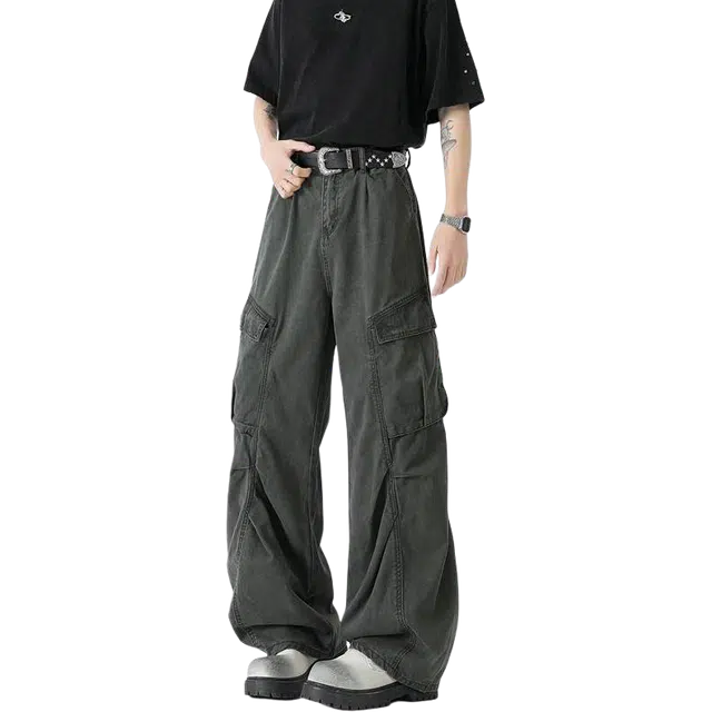 宝米卡 美式复古解构多口袋设计感宽松休闲褶皱直筒垂感裤子工装裤 男女同款