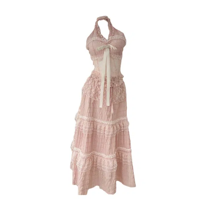 敲模女孩 温柔风法式纯欲挂脖上衣蕾丝花边仙气半身长裙甜美海边度假裙装套装 女款