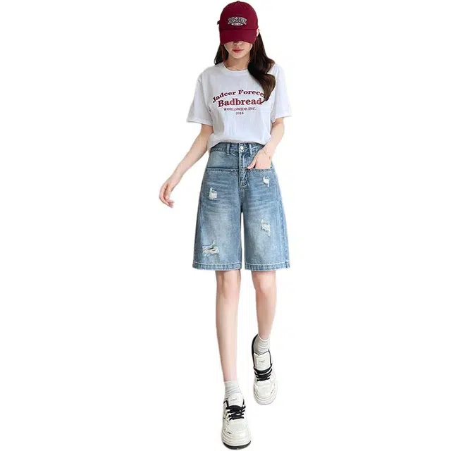 黛尔佳人 破洞设计感小个子百搭宽松五分裤牛仔短裤 女款