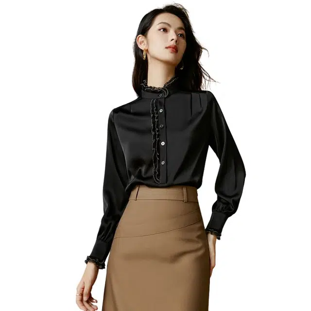 晚白 木耳花边纯色前排扣设计长袖衬衫 女款 黑色