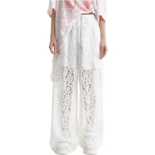 半空山 舒适百搭时尚个性设计感拼接镂空钩花蕾丝刺绣炸街阔腿长裤休闲裤 男女同款