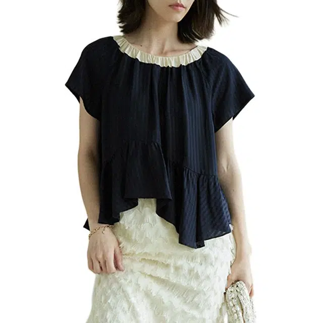 沐晓欣 设计感撞色拼接薄款温柔短袖衬衫 女款