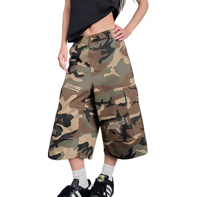 拾个壹先生 美式复古破洞补丁迷彩休闲宽松百搭七分裤牛仔短裤 男女同款