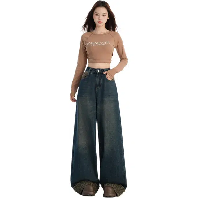 玫丝朵 复古设计拼接豹纹卷边拖地宽松阔腿牛仔裤 女款 蓝色