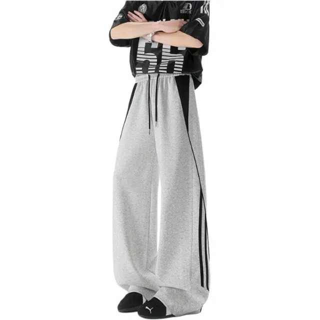 颂希尔 美式复古街头潮流卫裤宽松垂感阔腿撞色百搭休闲裤 男女同款