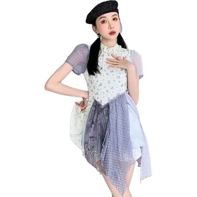 哒头下雨不愁 假两件拼接碎花收腰甜美小个子仙女公主短裙子短袖连衣裙 女款