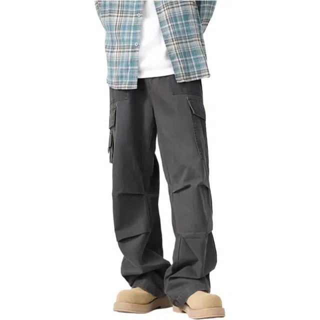 沐诚阳译 美式复古水洗做旧夏季潮小众宽松直筒阔腿裤口袋伞兵裤工装裤  男女同款