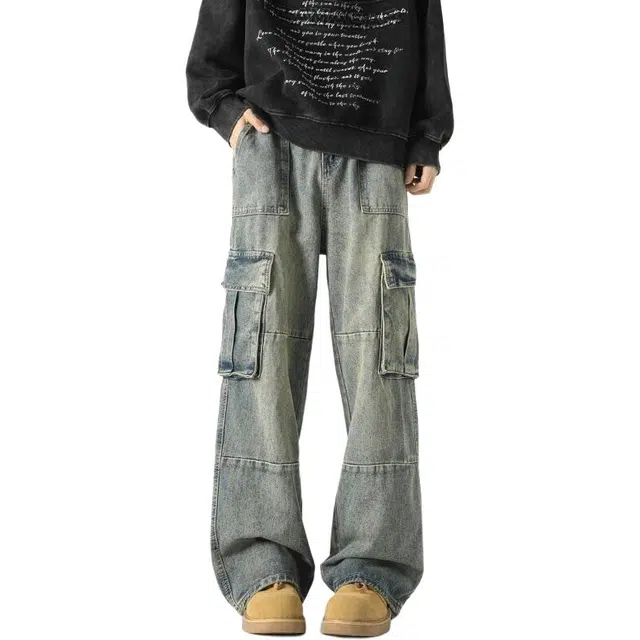 佐菲利 多口袋水洗工装美式复古宽松休闲百搭做旧直筒长裤牛仔裤 男女同款
