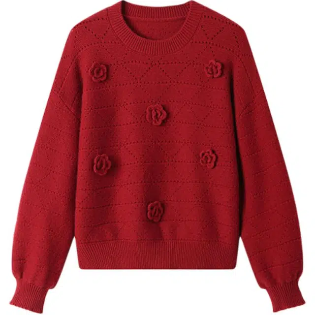 曲韩 圆领立体花朵百搭毛衣 女款