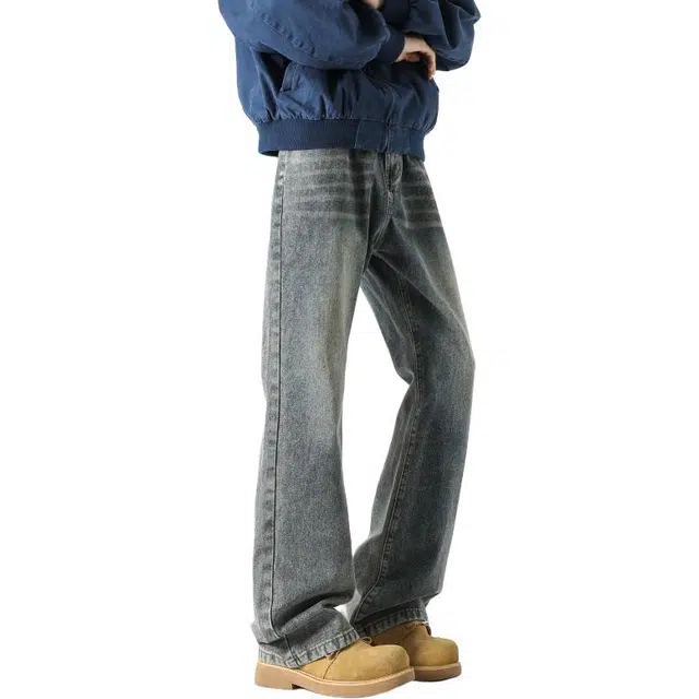 华夏儿女 美式高街水洗复古基础款休闲舒适显高显瘦直筒牛仔裤 男女同款