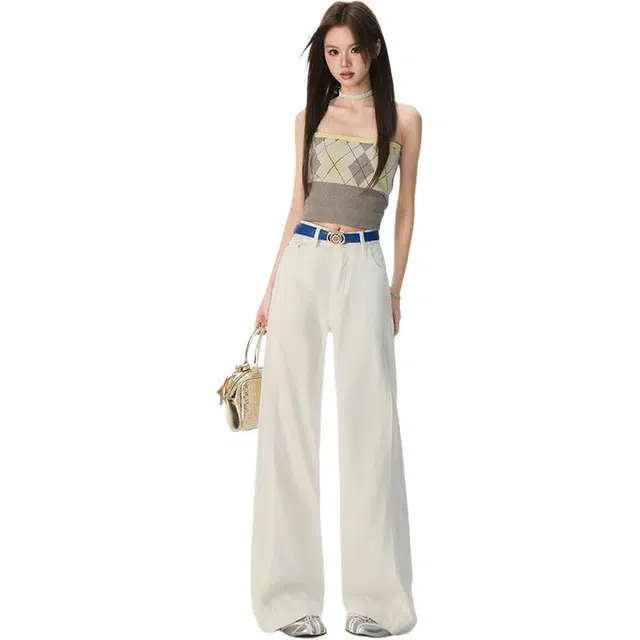 么宁 超薄三防面料冰凉透气侧缝拉高设计显高宽松直筒垂感拖地牛仔裤 女款