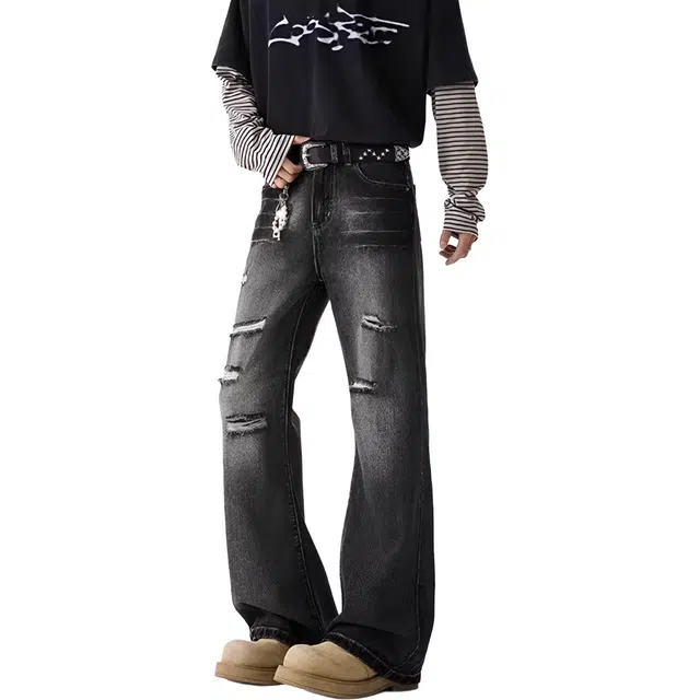 沐诚阳译 美式高街水洗破洞潮牌直筒宽松微喇拖地长裤子牛仔裤 男款