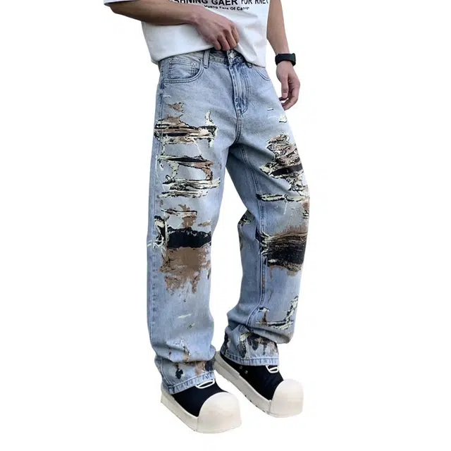 宝米卡 美式高街宽松直筒水洗复古休闲牛仔裤 男女同款 蓝色