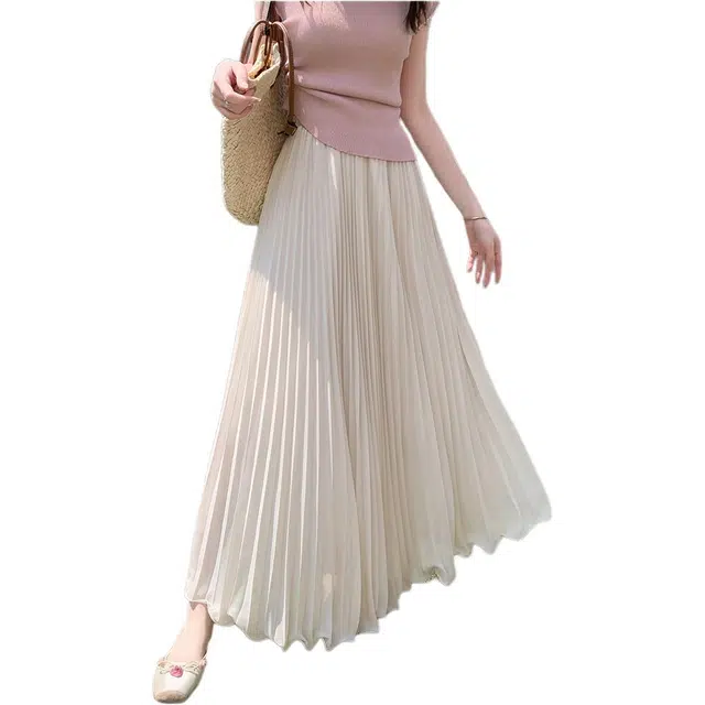 黛尔佳人 雪纺百褶裙垂坠感波浪边半身裙木耳边压褶休闲长裙 女款