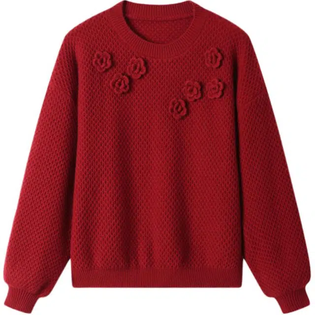 曲韩 纯色百搭简约花朵毛衣 女款