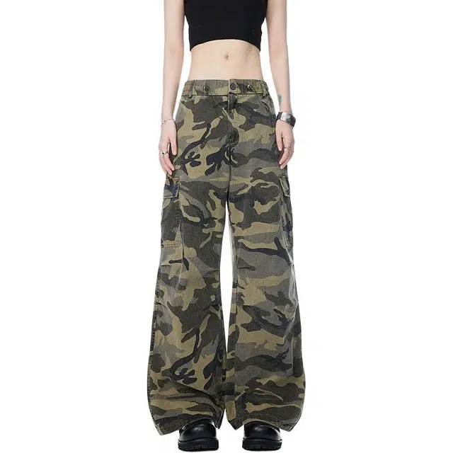 水中花 薄款舒适透气迷彩工装裤复古高街水洗多口袋直筒裤设计时尚户外阔腿休闲裤 女款