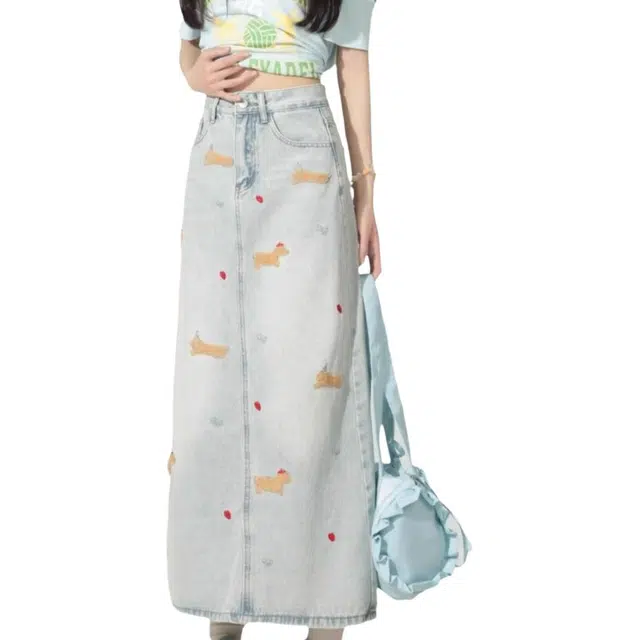 费尔岛上的猫 趣味腊肠狗刺绣开叉牛仔半身裙女春夏高腰显瘦休闲长裙 女款