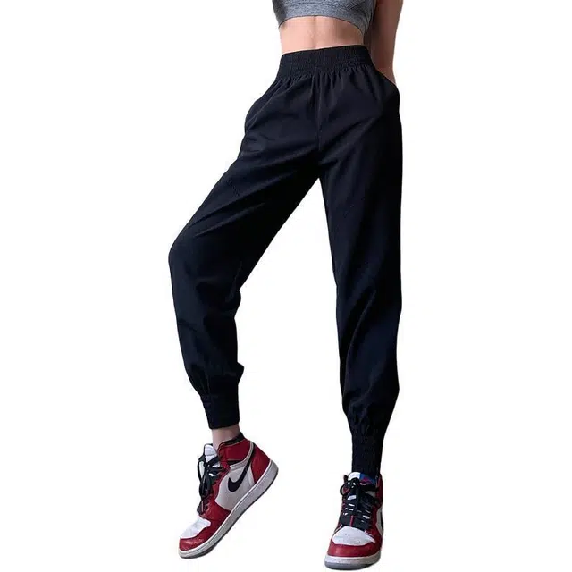 岚纹 纯色高腰束脚休闲运动长裤 女款