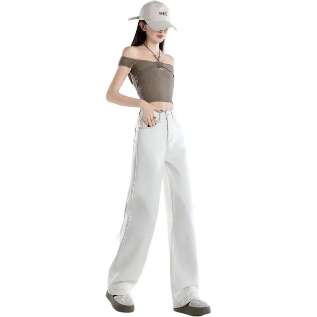 黛尔佳人 阔腿裤高腰宽松垂感直筒休闲裤子牛仔裤 女款