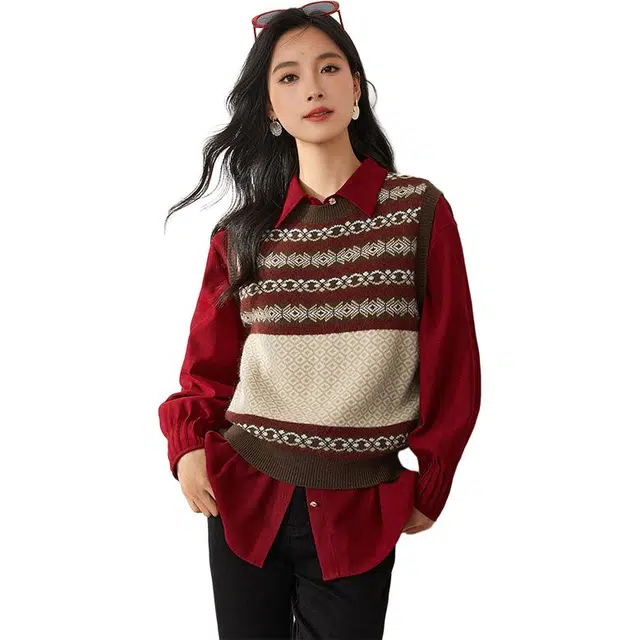 欧昵雪 罗纹圆领时尚毛织宽松休闲马甲 女款 花色