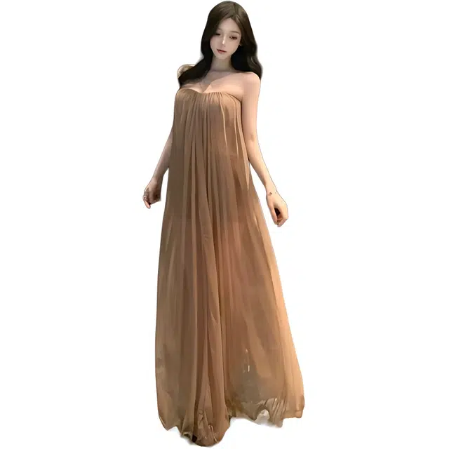 敲模女孩 法式氛围感度假风优雅气质纯欲风露背网纱抹胸无袖连衣裙 女款 咖色