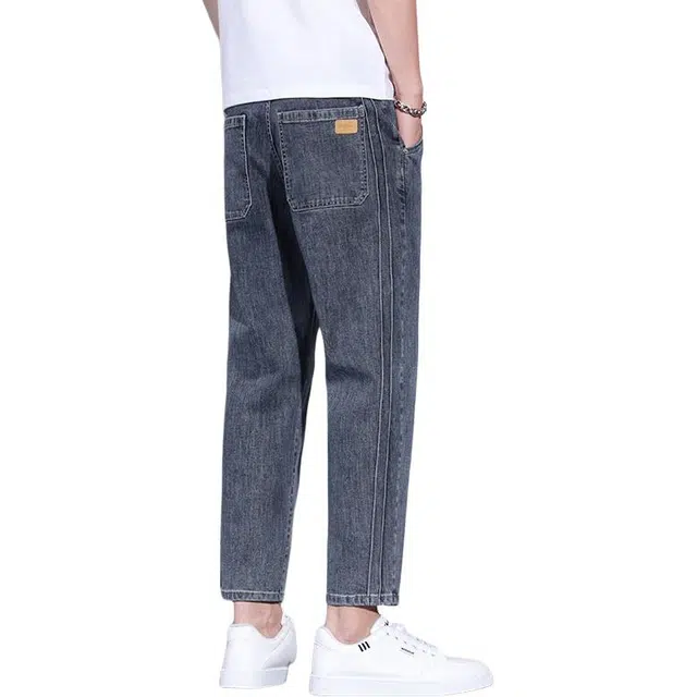 么宁 简约百搭皮牌绣标设计感弹力潮流时尚修身直筒舒适透气个性痞帅九分牛仔裤 男女同款