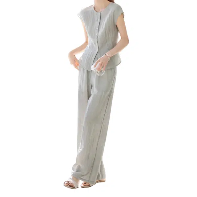 纤丝鸟 松弛感无袖上衣阔腿宽松舒适简约长裤休闲套装 女款