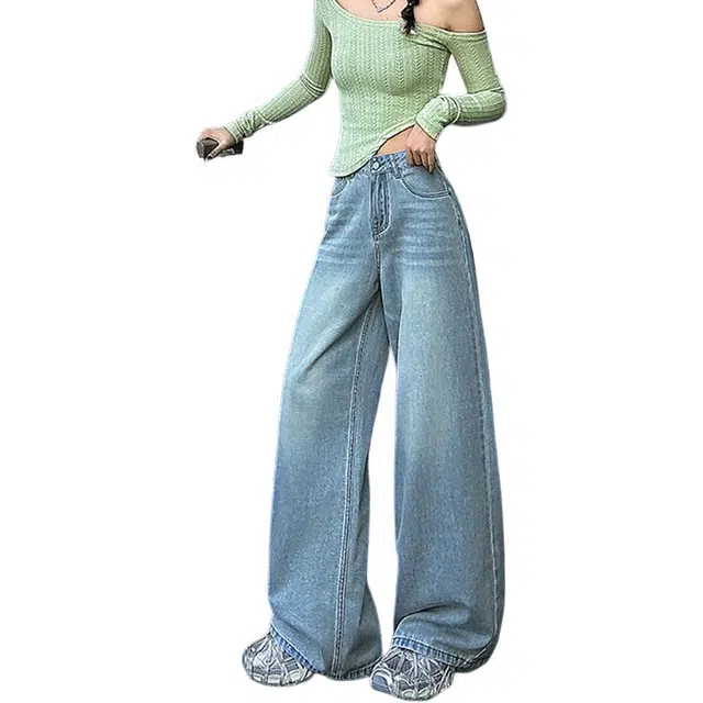 如续 美式复古立体猫须宽松阔腿垂感显瘦直筒牛仔裤 女款