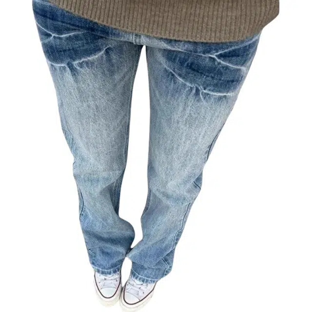 冈哉 复古高街潮流潮牌小众猫爪痕闪电纹设计个性水洗阔腿做旧弯刀百搭痞帅垂感宽松直筒日常通勤休闲牛仔裤 男女同款