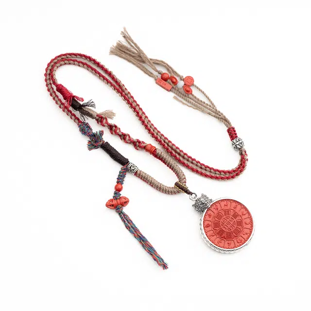 仙源 十二生肖流苏编绳民族风手工设计 平安福脖挂链 礼盒装 再造辰砂朱砂 项链 男女同款情侣款