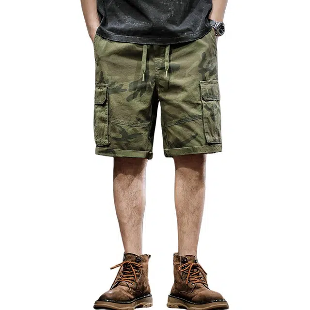 遨宇 美式街头潮牌迷彩直筒多口袋休闲五分工装短裤 男女同款