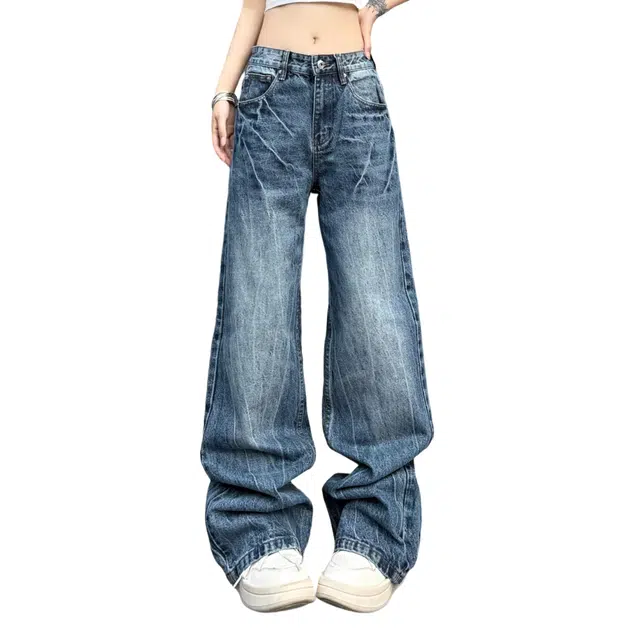 冈哉 美式高街闪电爆烈纹水洗做旧设计宽松潮牌垂感直筒微喇阔腿日常通勤休闲长裤牛仔裤 男女同款