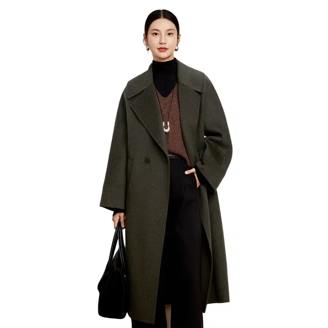 富铤 纯色气质大气中长款大翻领法式大衣 女款