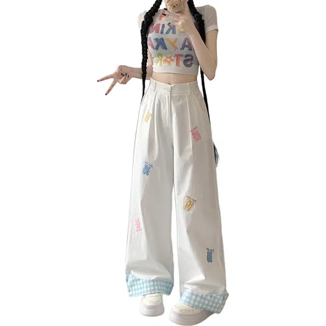 沐晓欣 实拍小熊刺绣格子翻边设计高腰直筒阔腿裤子休闲裤 女款