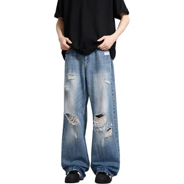 拾个壹先生 美式复古街头水洗做旧直筒高街宽松百搭牛仔裤 男女同款
