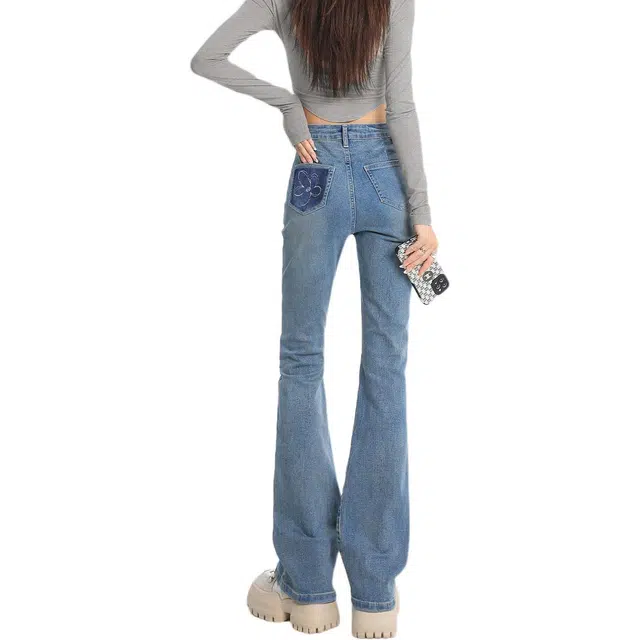 惟熙 复古微喇裤高腰显瘦弹力修身拖地马蹄长裤子牛仔裤 女款 中蓝色