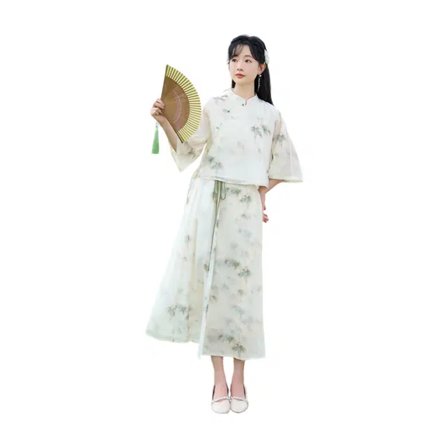 荟萃阁 新中式植物花卉立领七分袖舒适时尚通勤裙装套装 女款